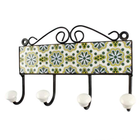 Ceramic Wheel Flower Tile Hook in Forest Green